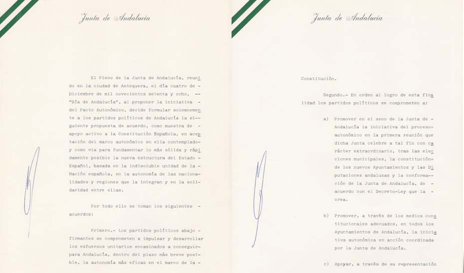 Pacto Autonómico por Andalucía, firmado el 12 de abril de 1978. También conocido como Pacto de Antequera, está considerado como uno de los documentos más importantes de la historia reciente de Andalucía